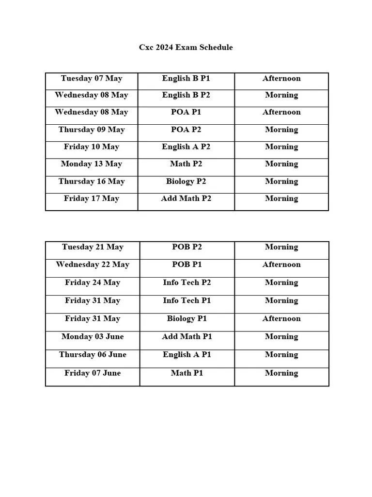 CXC 2025 Exam Schedule PDF
