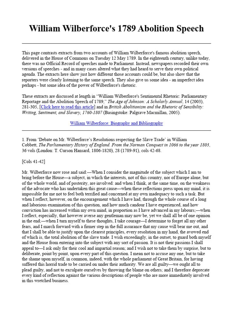 William Wilberforce Abolition Speech (1789) PDF Abolitionism Slavery