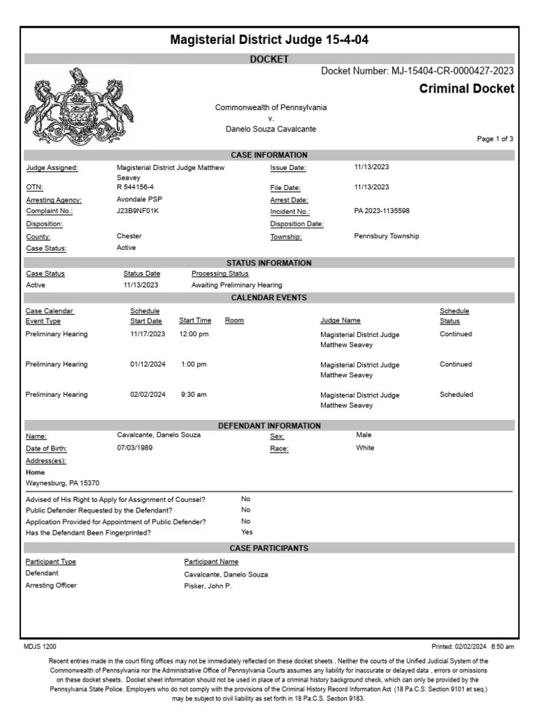 Danelo Cavalcante Docket Sheet PDF Magistrate Theft(07)
