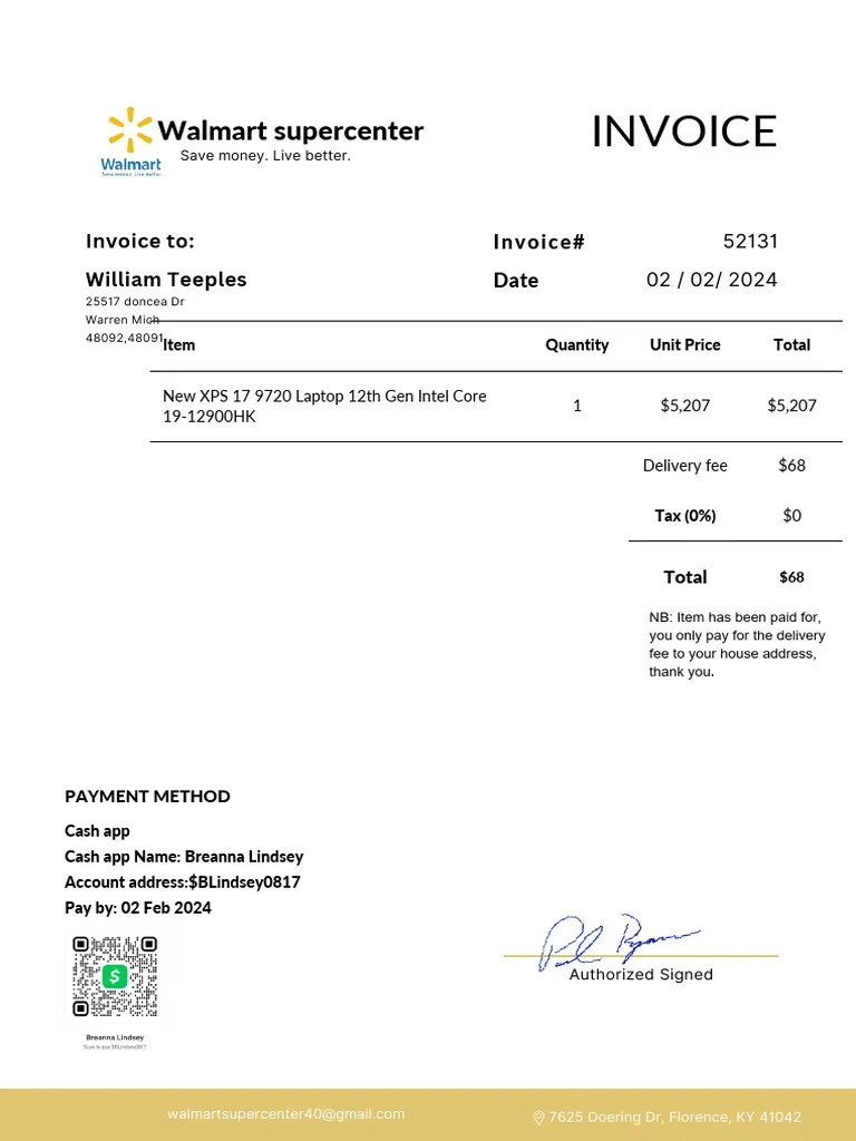 Walmart supercenter delivery receipt for payment completion PDF