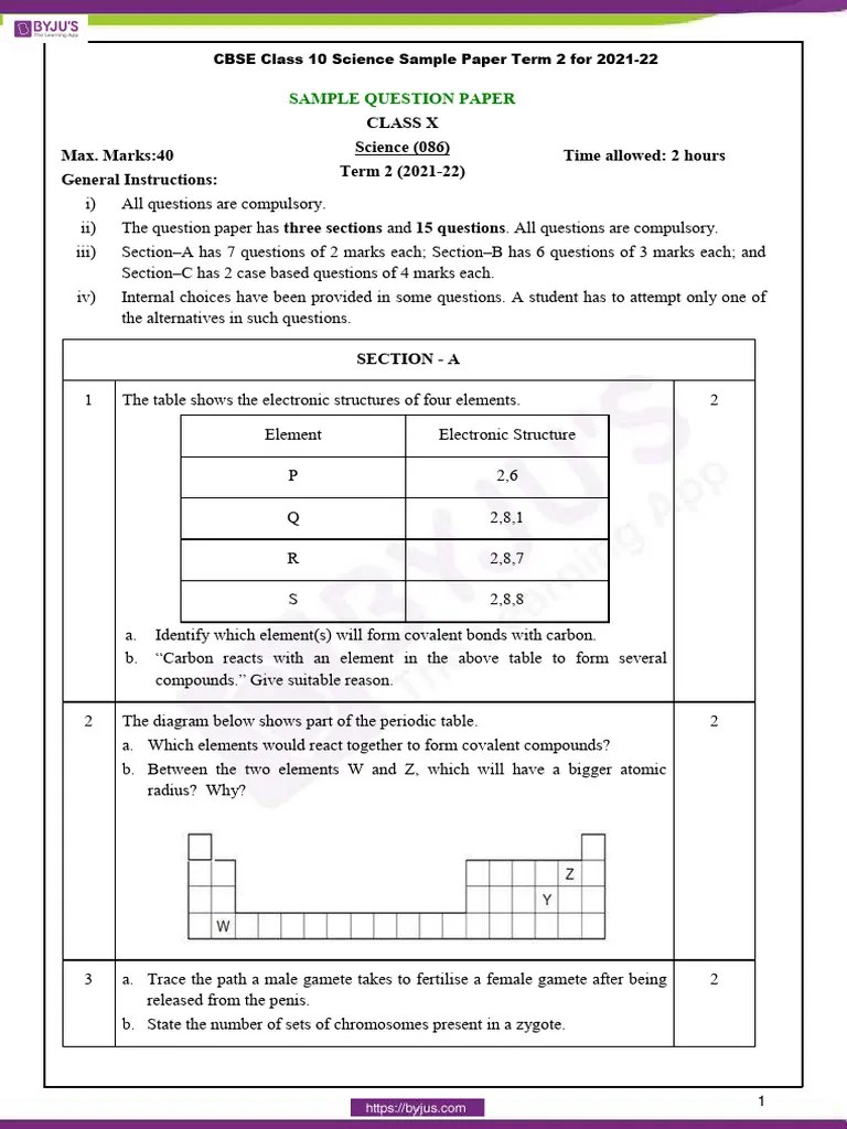 CBSE Class 10 Science Sample Paper Term 2 for 2021 22 PDF