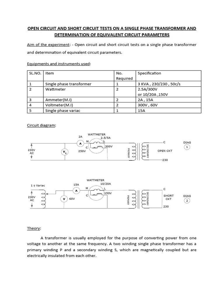 Open Circuit & Short Circuit Test On Single Phase Transformer PDF