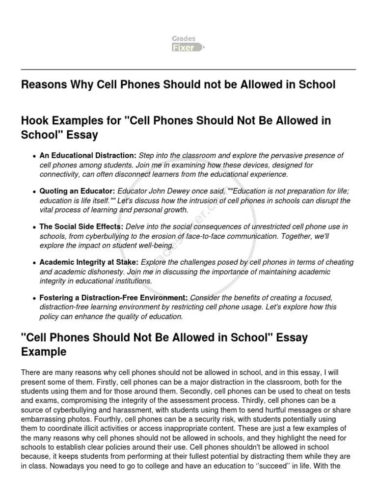 Reasons Why Cell Phones Should Not Be Allowed in School PDF