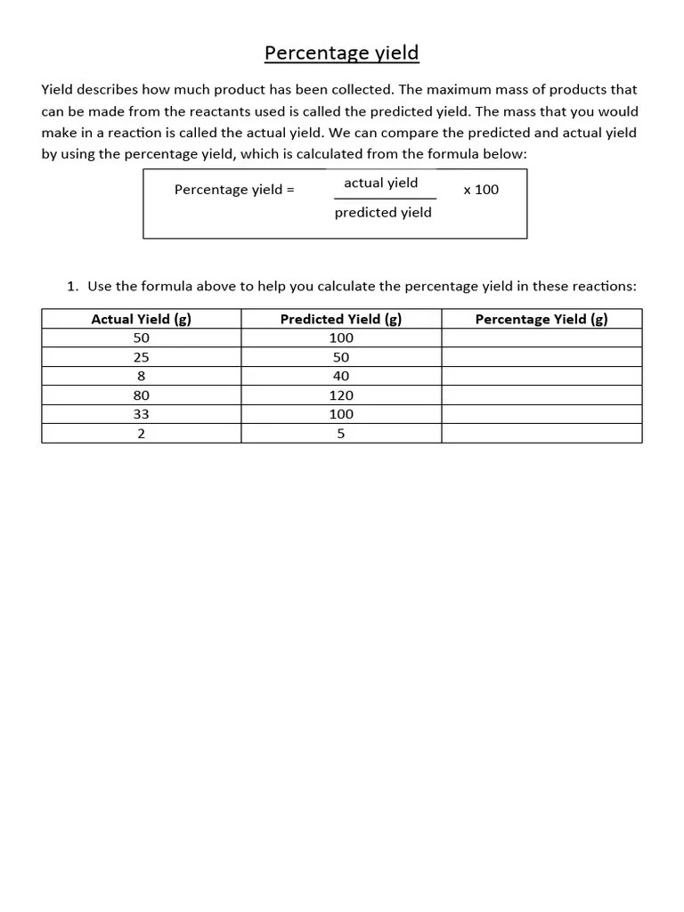 Percentage Yield Calculations Worksheet (1) | PDF