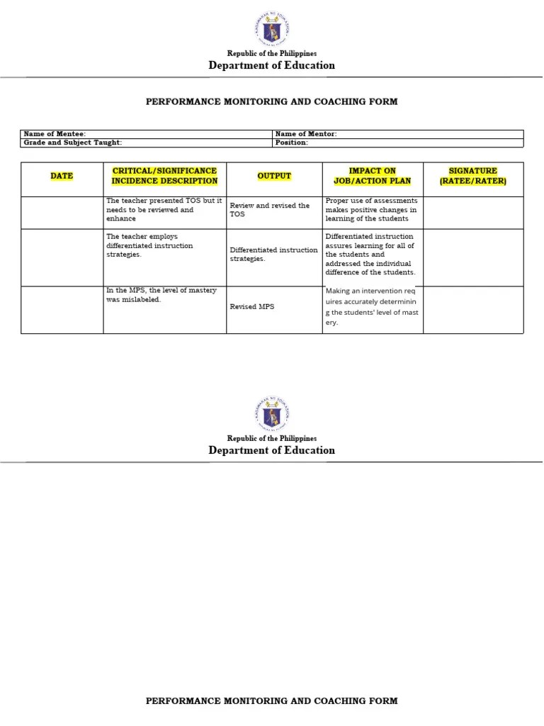 Performance Monitoring and Coaching Form Download Free PDF
