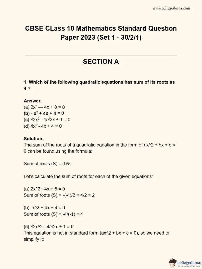 CBSE CLass 10 Mathematics Standard Question Paper 2023 Set 1 30 2 1