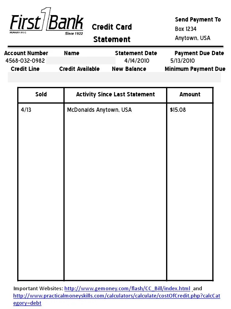 Credit Card Statement Worksheet