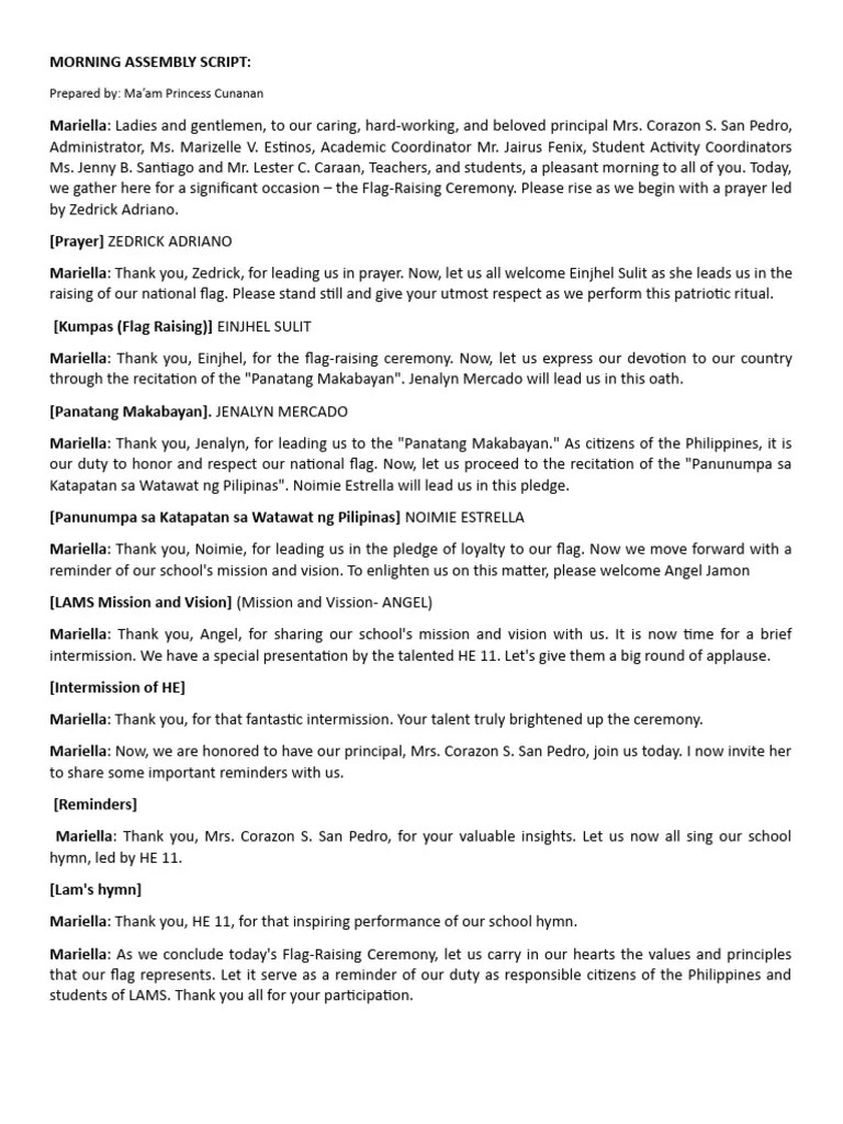 MORNING ASSEMBLY SCRIPT PDF