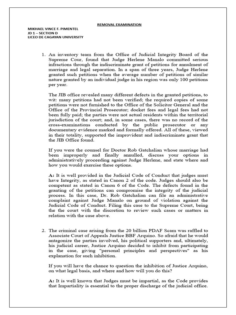Pimentel, MV Ethics Removal Exam PDF Lawyer Judge