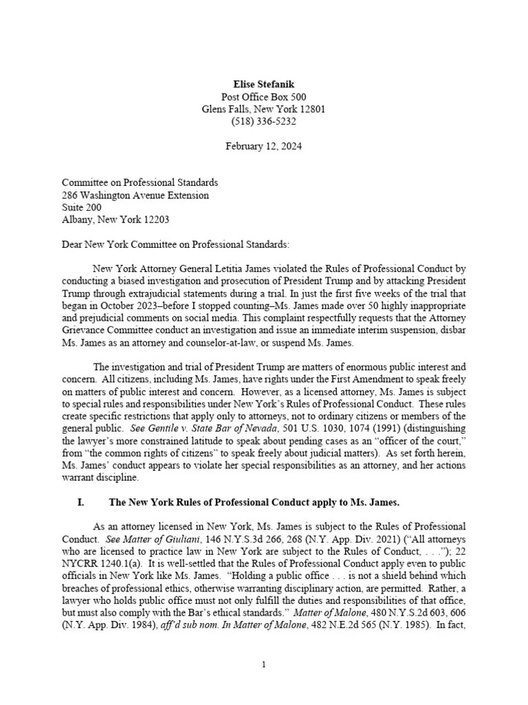 Final Feb 12. Elise Stefanik Bar Complaint Against Letitia James PDF