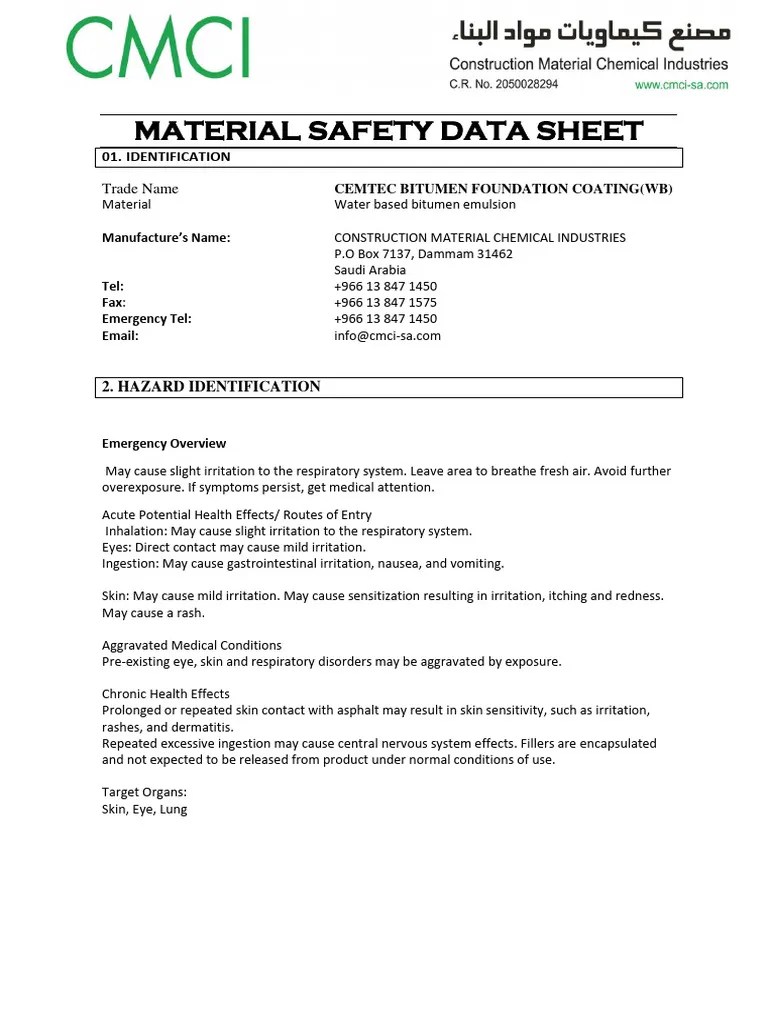 Cemtec Bitumen Foundation Coating (WB) MSDS PDF Personal Protective