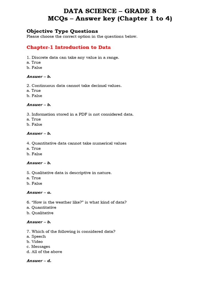CLASS8 ANSWER KEY MCQs CH 1 TO 4 Objective Type Questions PDF Statistical Classification Data