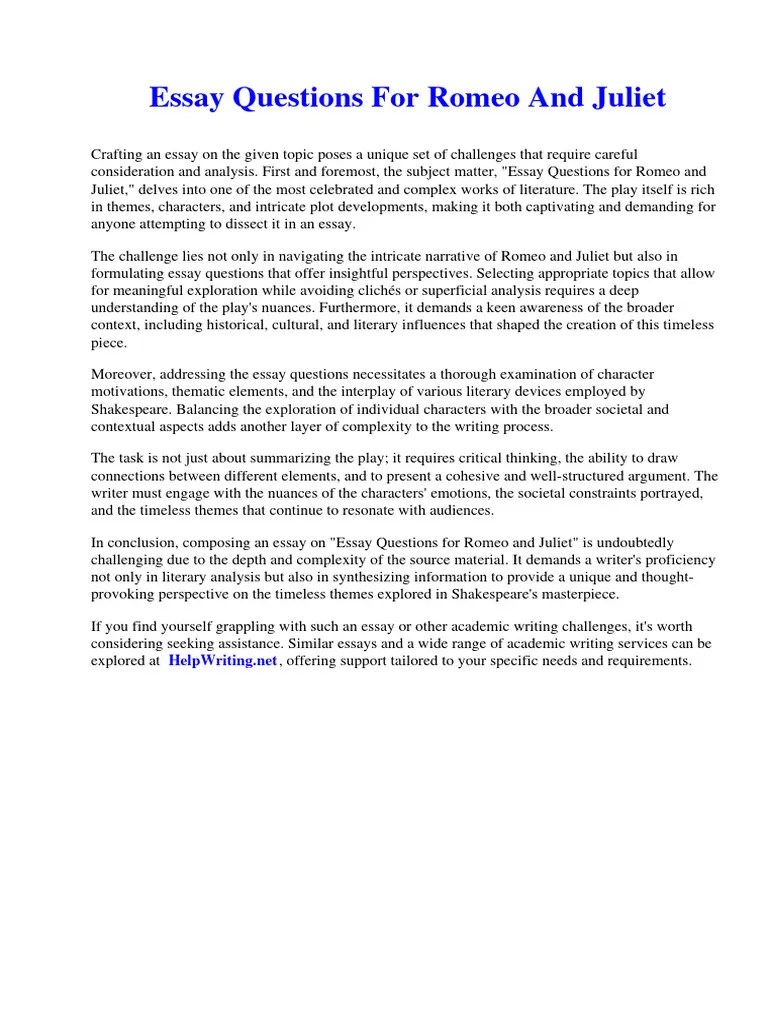 Essay Questions For Romeo and Juliet PDF Learning Northanger Abbey