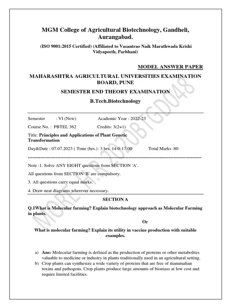 Model Answer Paper Pbtel 362. PDF Polymerase Chain Reaction Plasmid