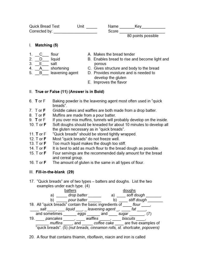 Quick Bread Test KEY PDF Breads Dough