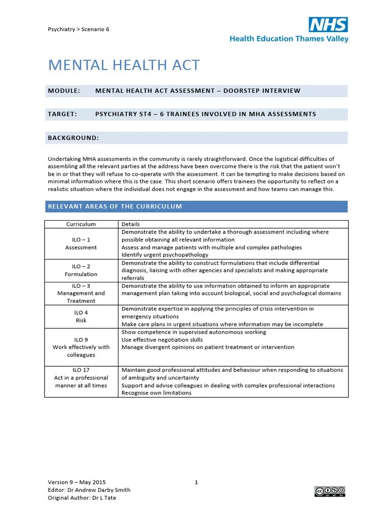 Mental Health Act Doorstep Interview PDF Psychiatry Psychopathology