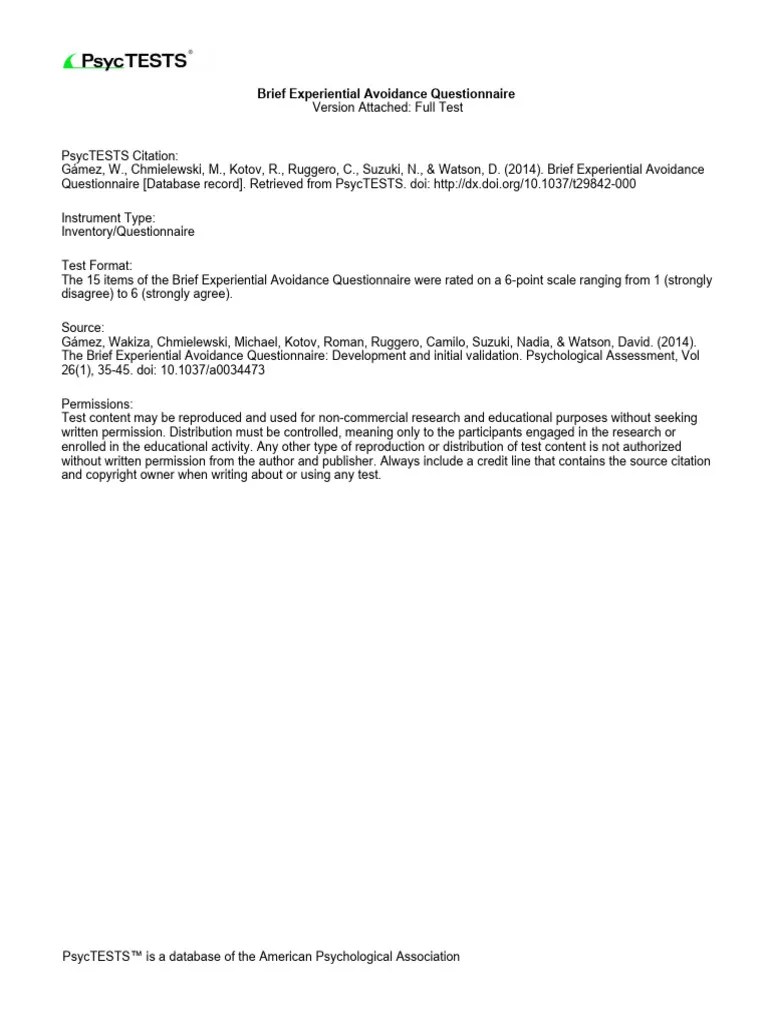 Brief Experiential Avoidance Questionnaire PDF Psychology Cognition