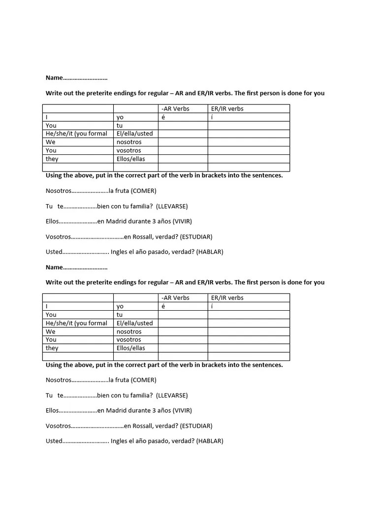 Write Out The Preterite Endings For Regular PDF