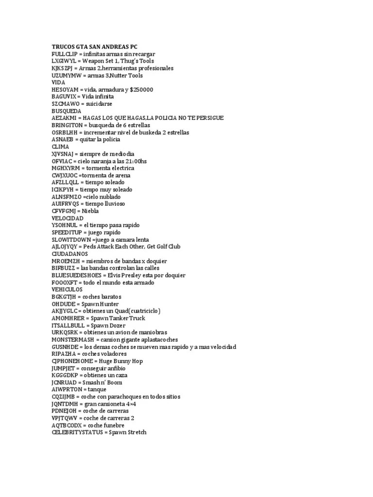 Trucos Gta San Andreas Pc