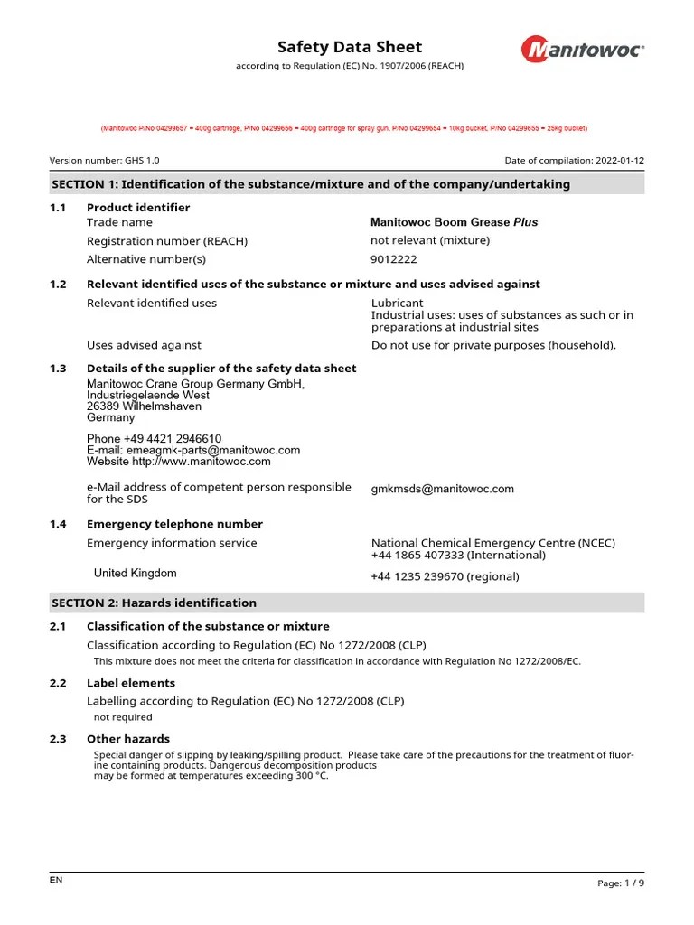 SDS Manitowoc Boom Grease Plus EN PDF Dangerous Goods Toxicity