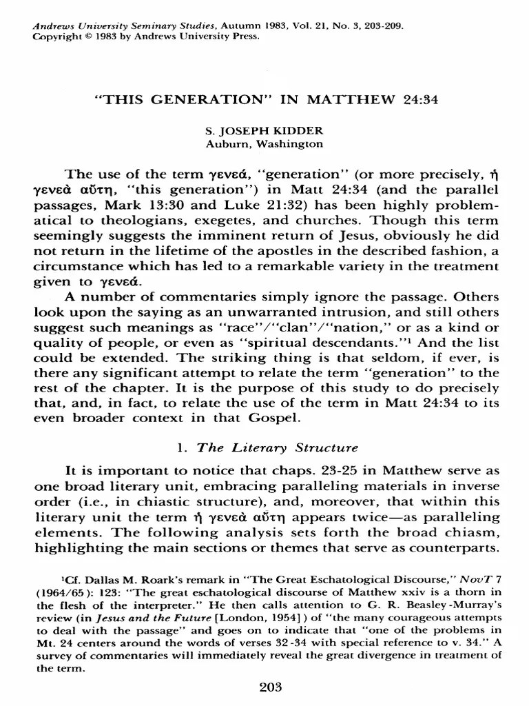 Kidder Joseph This Generation in Matthew 24 34 PDF Great