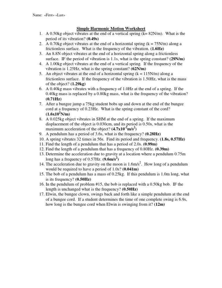 Lesson01 Simple Harmonic Motion Worksheet