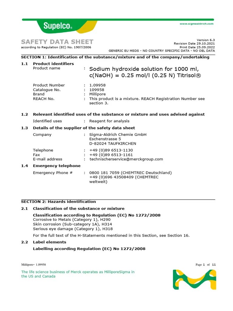 Safety Data Sheet Sodium Hydroxide Solution For 1000 ML, C (Naoh) 0.25