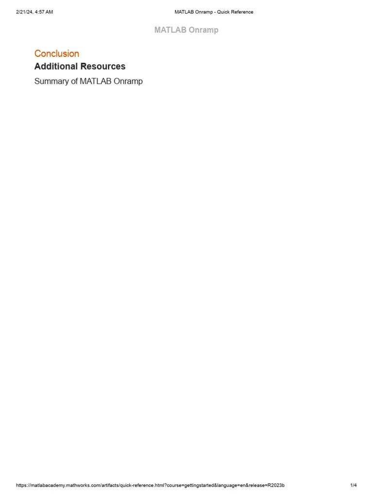 MATLAB Onramp Quick Reference PDF