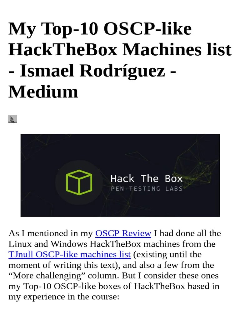My Top 10 OSCP Like HackTheBox Machines List Ismael Rodríg PDF