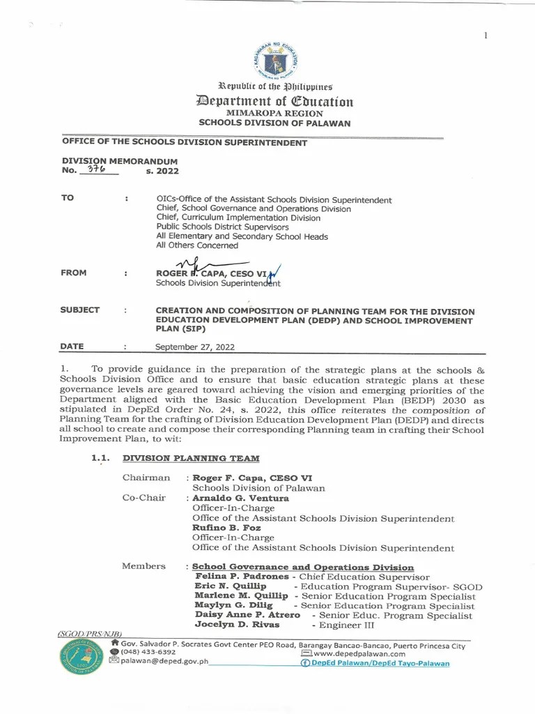 DM No. 376 S. 2022 Creation and Composition of Planning Team For The