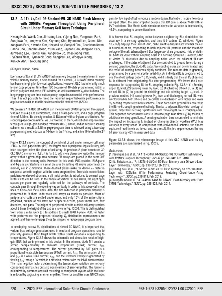 A 1Tb 4b/cell 96StackedWL 3D NAND Flash Memory With 30MB/s Program