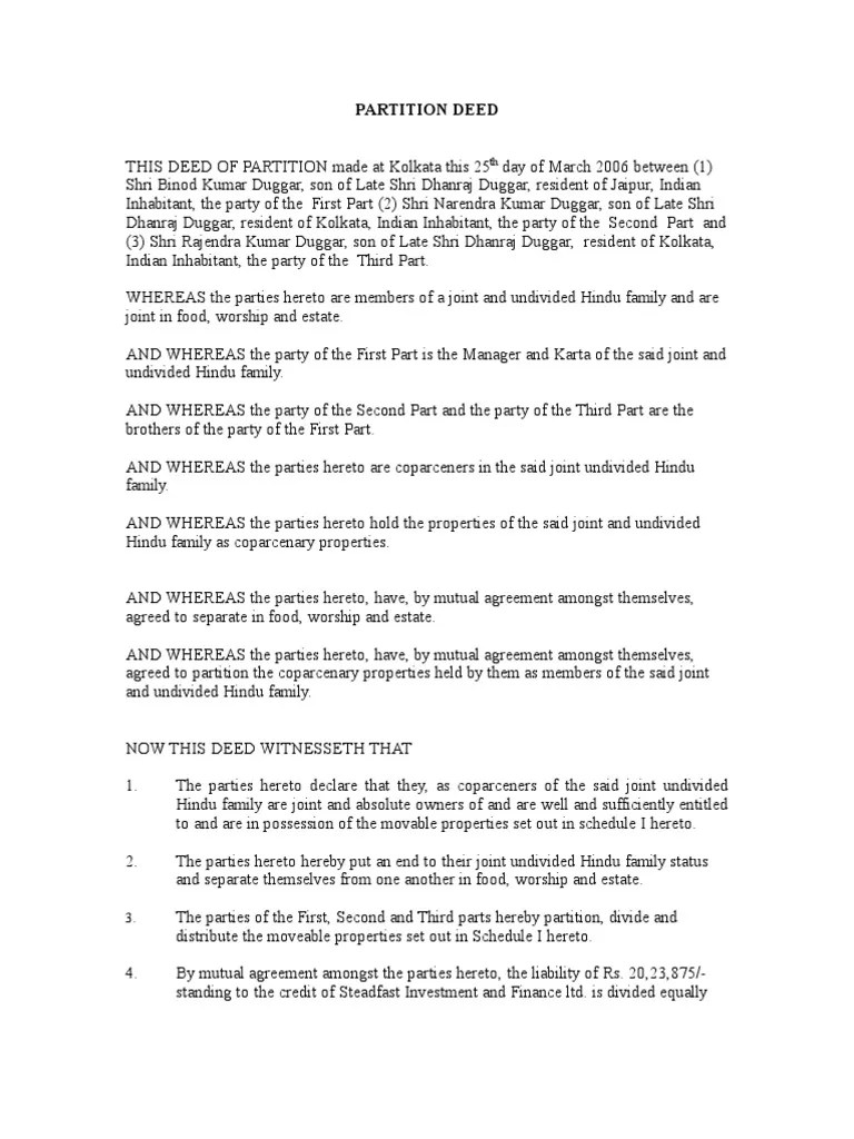 Partition Deed (Huf) Property Civil Law Law)