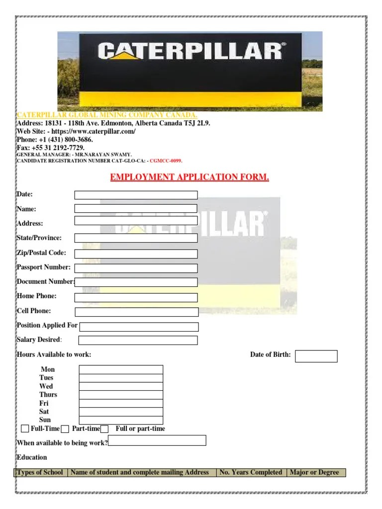 Caterpillar Global Mining Company Canada Employment Application Form