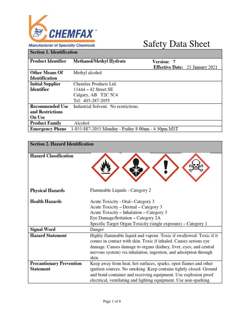 MethanolMethylHydrateSDSVersion72021 PDF