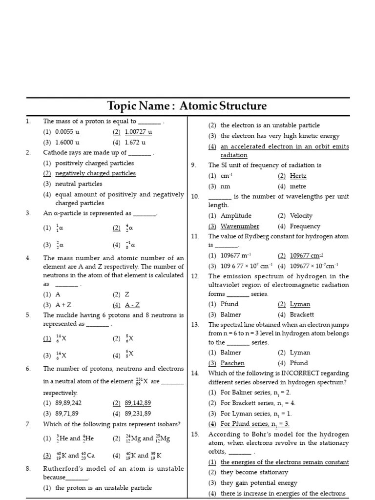 Structure of Atom Answer Key PDF