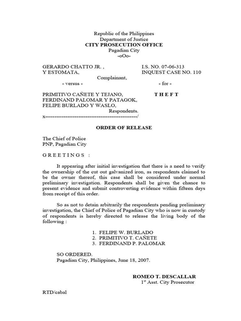 Order of Release Theft Et Al PDF