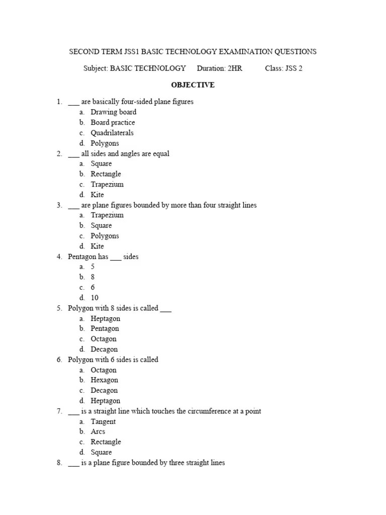 JSS2 Basic Tech Exam PDF Rectangle Triangle