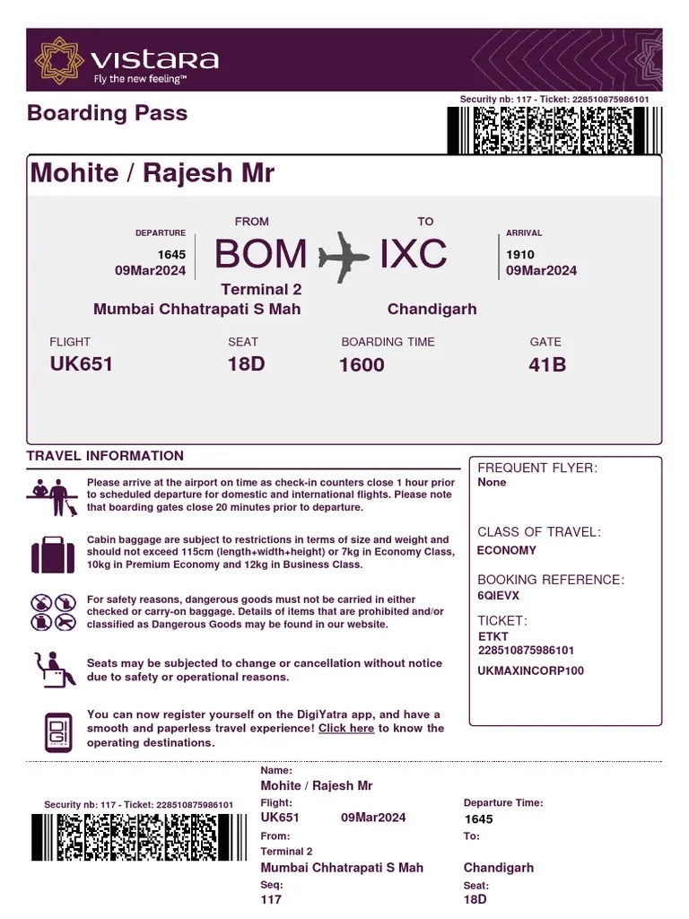 Your Boarding Pass To Chandigarh VISTARA PDF Aviation Transport