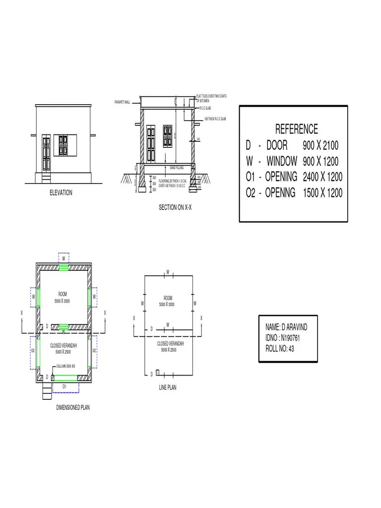 Reference D Door 900 X 2100 W Window 900 X 1200 O1 OPENING 2400 X