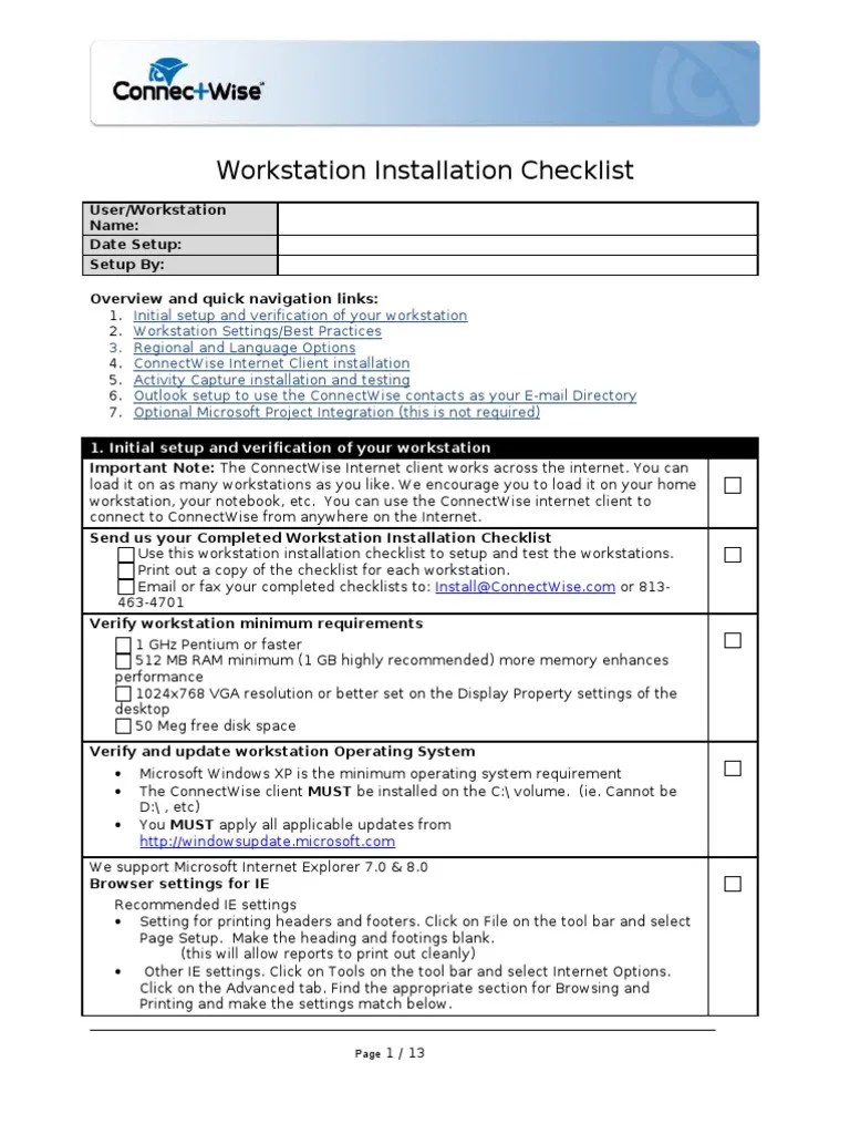 Workstation Installation Checklist Microsoft Outlook Email