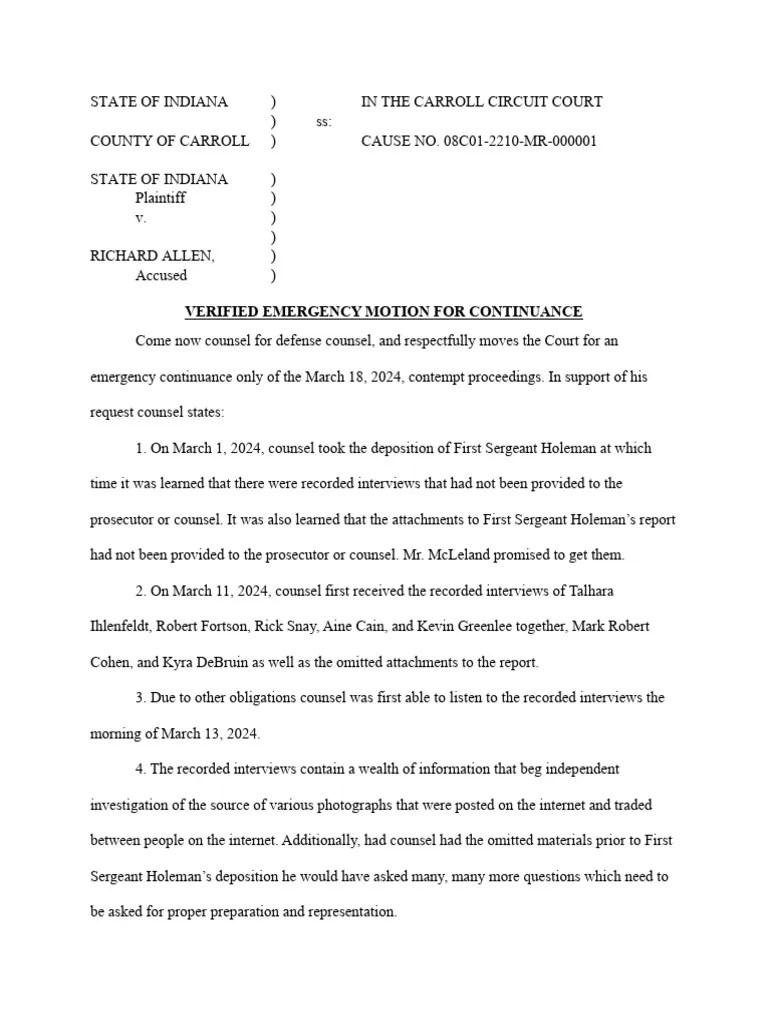 Richard Allen Verified Emergency Motion For Continuance PDF