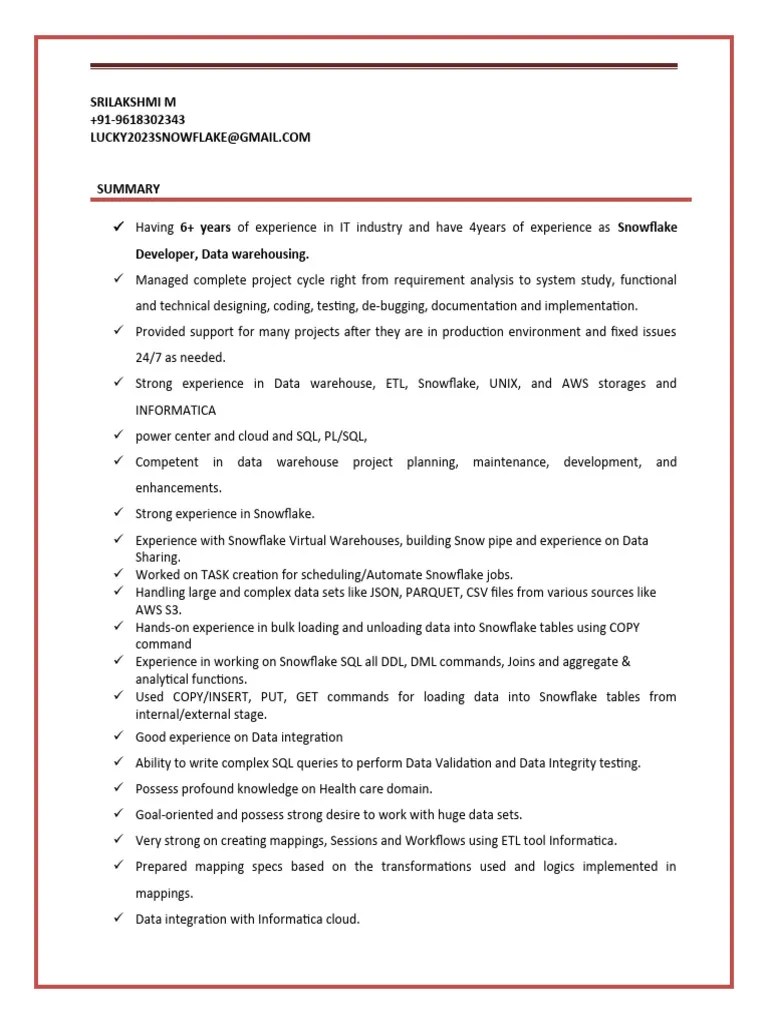 Lakshmi Snowflake Resume Download Free PDF Data Warehouse Sql