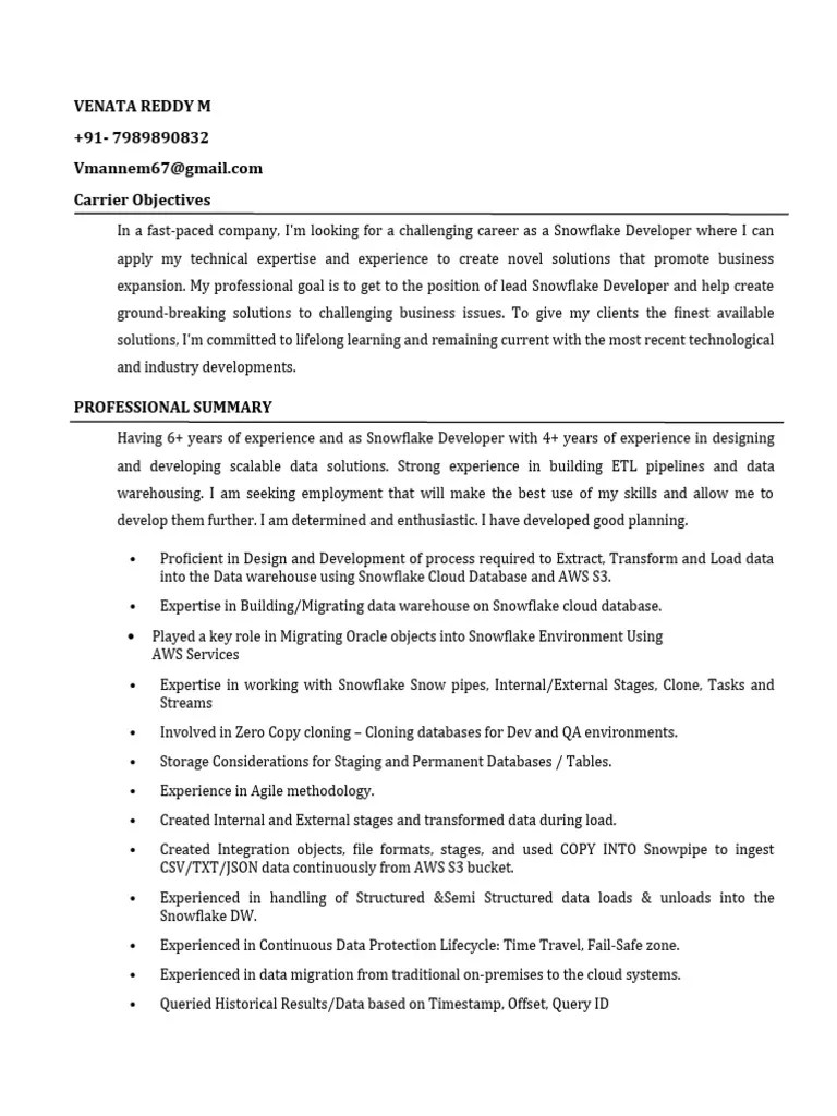 Snowflake Resume PDF Databases Data Management