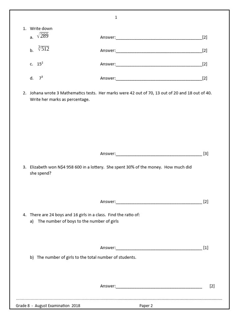 Grade 8 Maths paper 2 exam august 2018 PDF Prices Cost