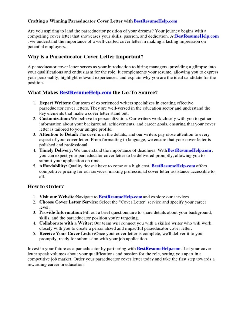 Paraeducator Cover Letter No Experience PDF Résumé Teachers