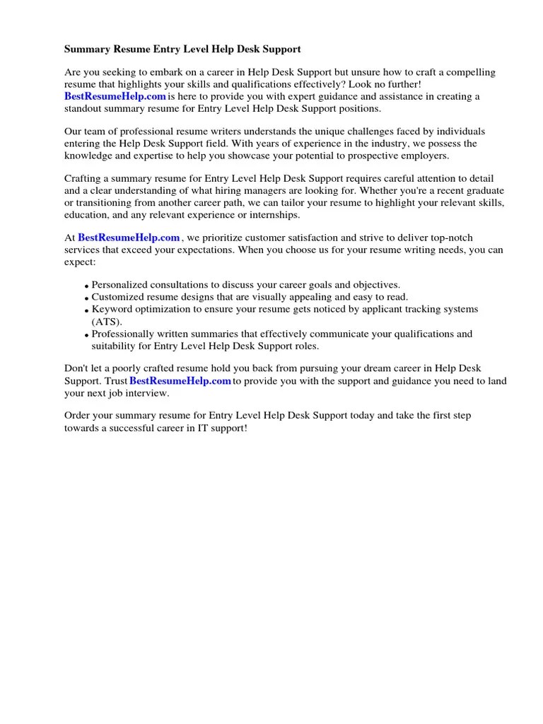 Summary Resume Entry Level Help Desk Support PDF Résumé Expert