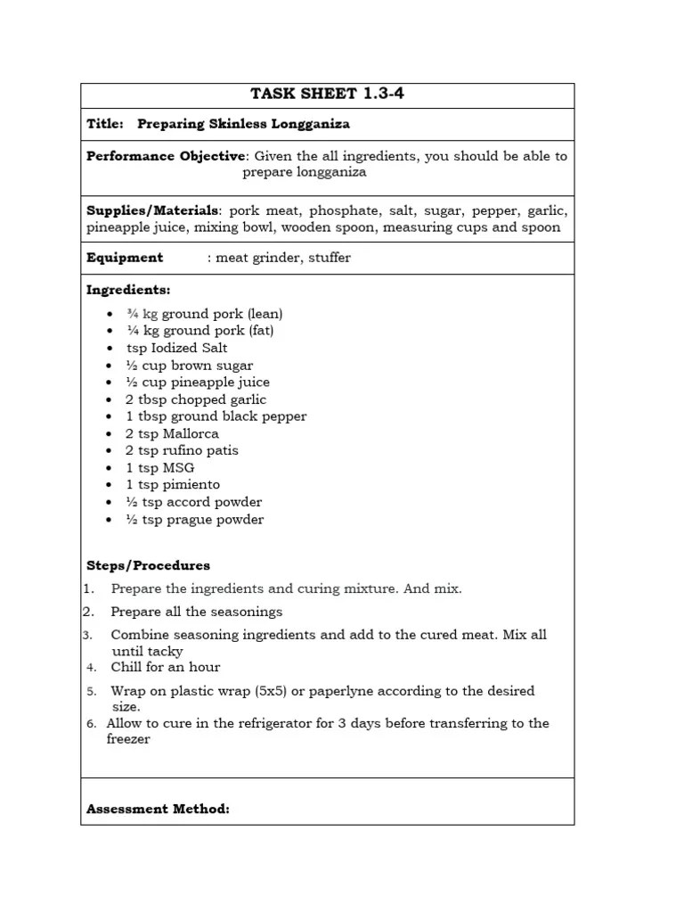 Example of Task Sheet Food Processing NC II PDF