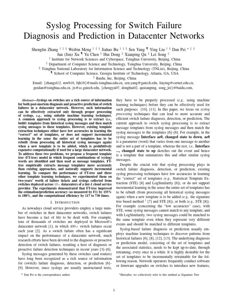 Fttree Syslog Processing For Switch Failure Diagnosis and Prediction in