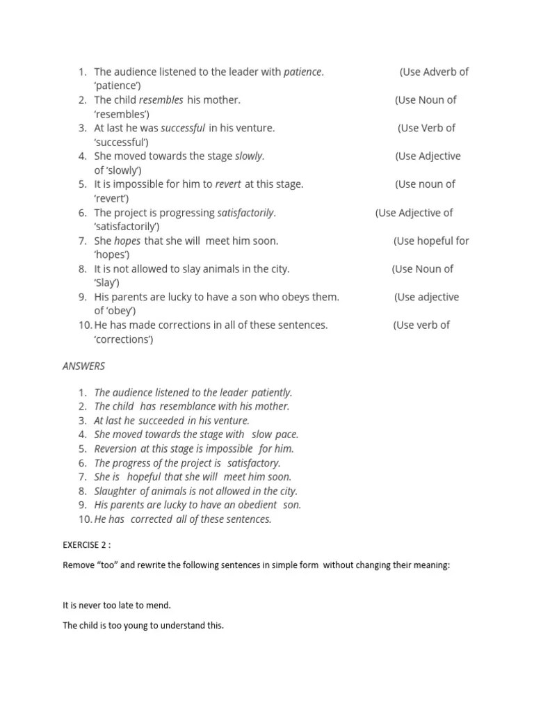 Parts of Speech Transformation Exercises PDF Adjective Adverb
