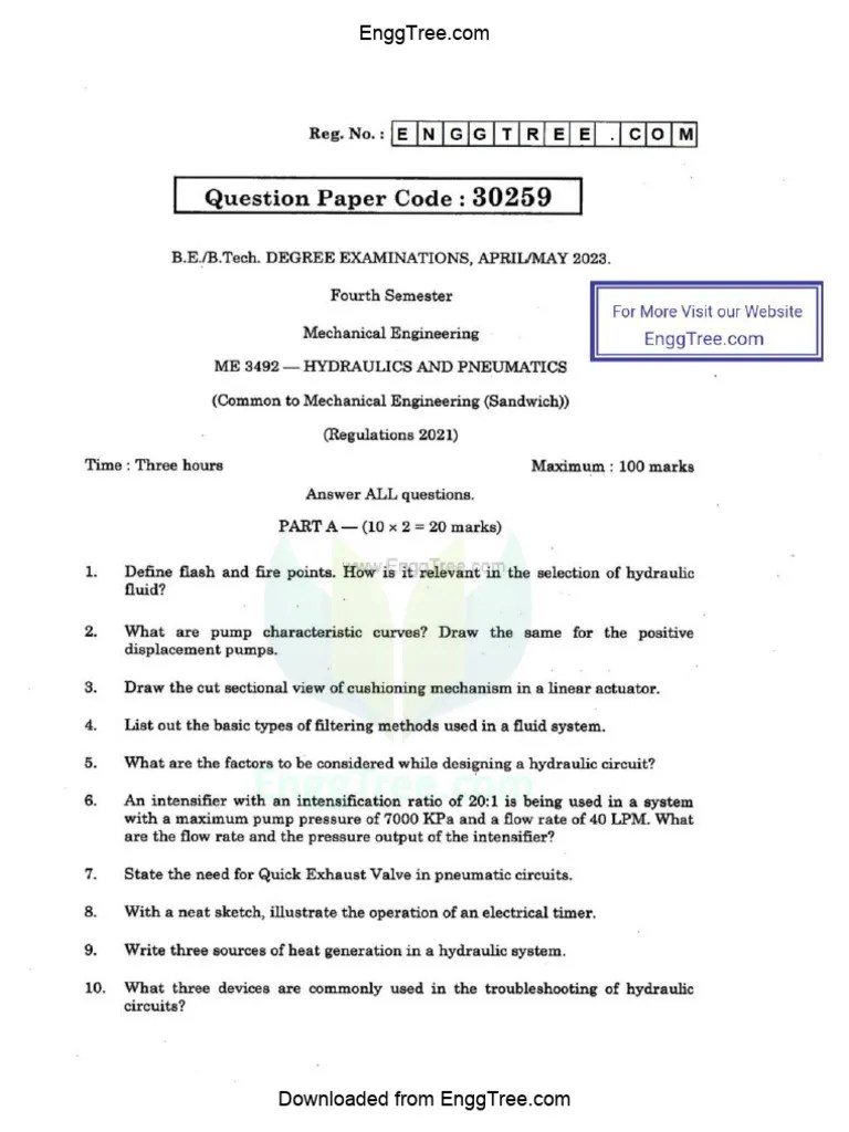 ME3492 Hydraulics and Pneumatics Apr May 2023 Question Paper Download PDF